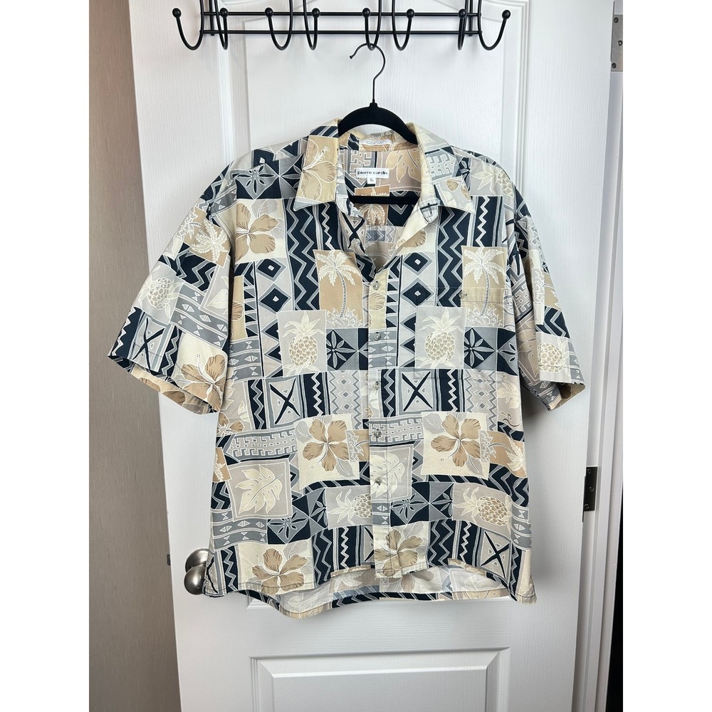 Pierre Cardin Mens XL Tropical Geometric Pineapple Hibiscus‎ 100% Cotton Shirt